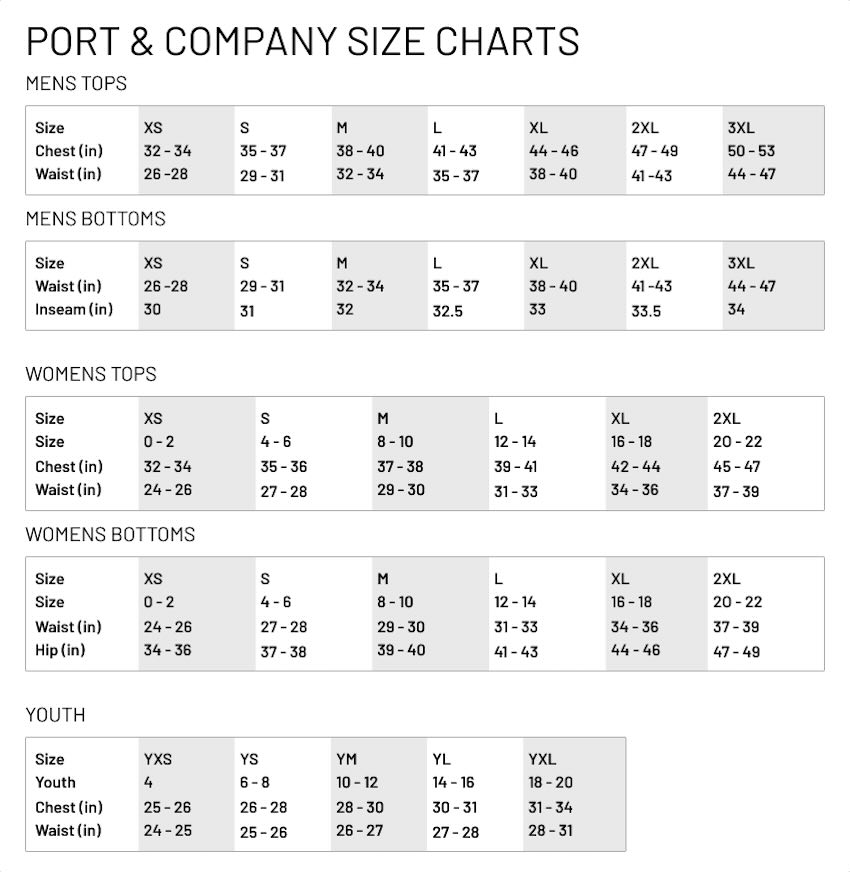Port & Company Size Guide