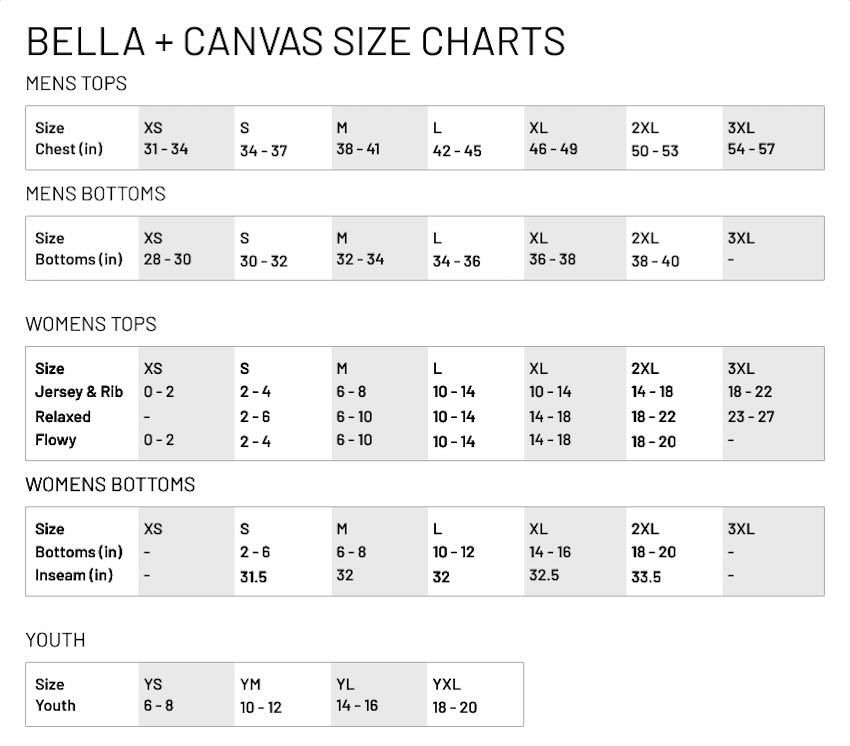 Bella+Canvas Size Guide