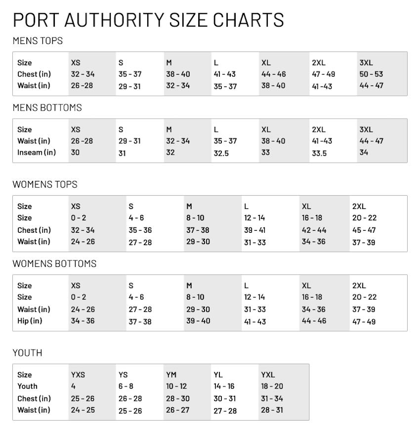 Port Authority Size Guide